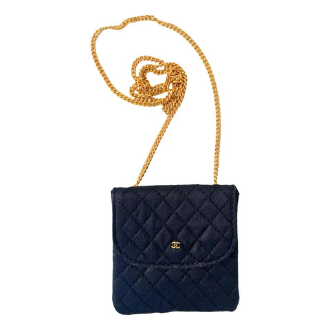 Chanel Vintage Quilted Satin Micro Flap Bag Necklace Pouch - Black 1988 נדיר במיוחד