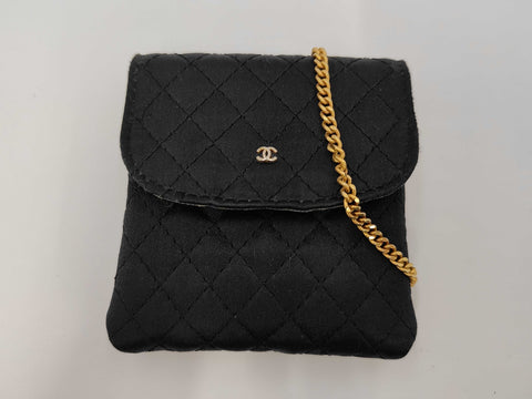 Chanel Vintage Quilted Satin Micro Flap Bag Necklace Pouch - Black 1988 נדיר במיוחד