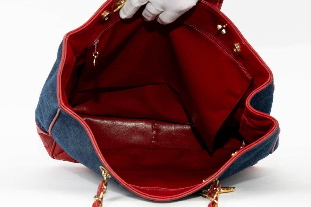 Denim-Red Leather Side Bag - Volver