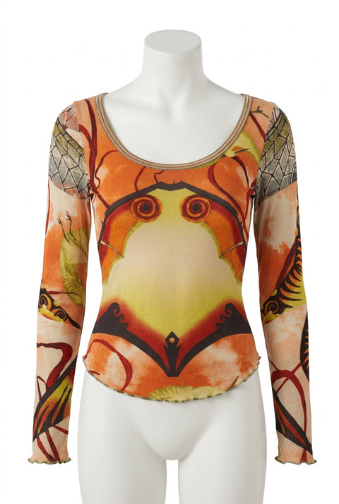 JEAN PAUL GAULTIER MAILLE Vintage Abstract Print Mesh Top פריט אספנות נדיר 2002'