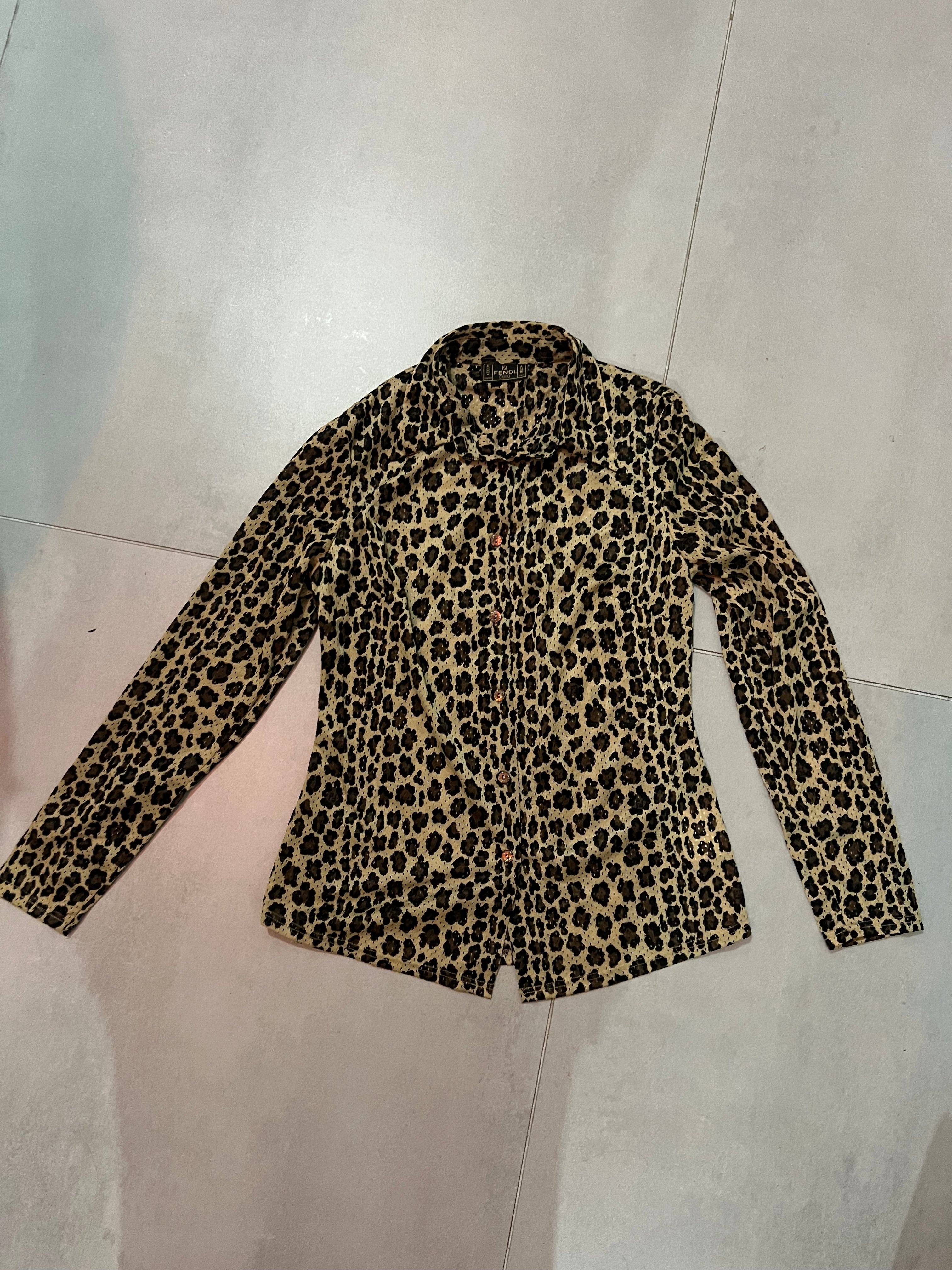 FENDI Leopard Print Button Down Shirt Brown Black
