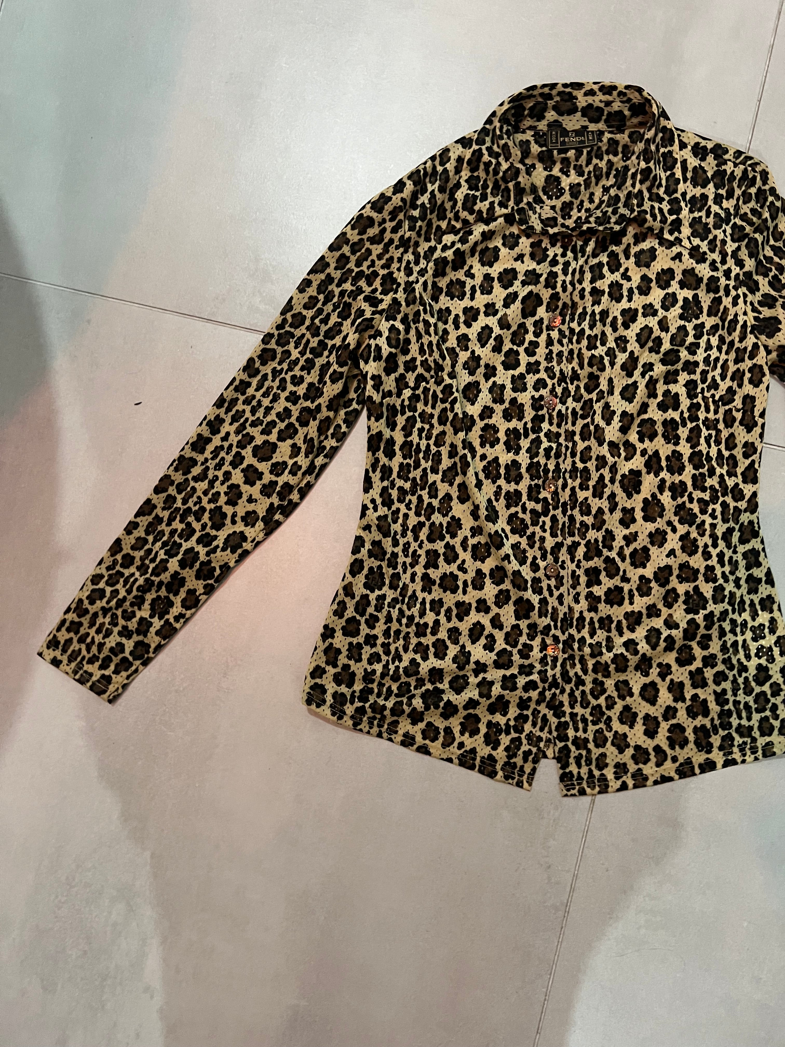 FENDI Leopard Print Button Down Shirt Brown Black