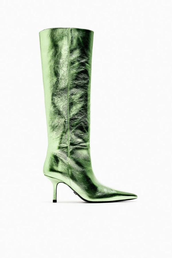 ZARA Metallic Green Knee High Boots 37
