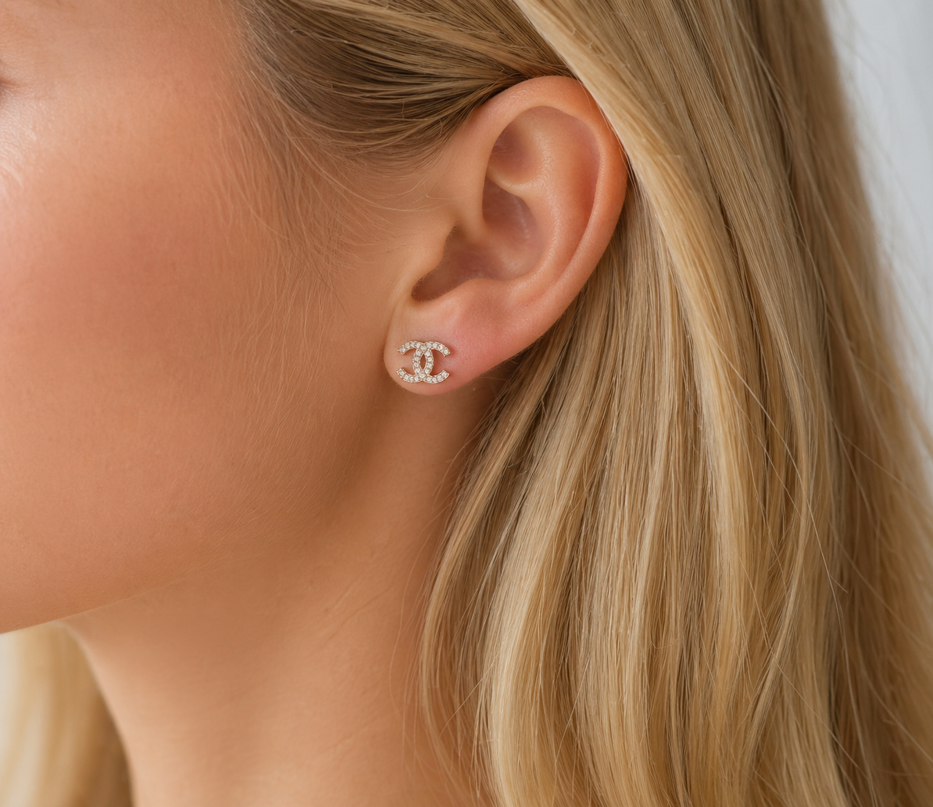 CHANEL Vintage CC Crystal Stud Earrings Silver