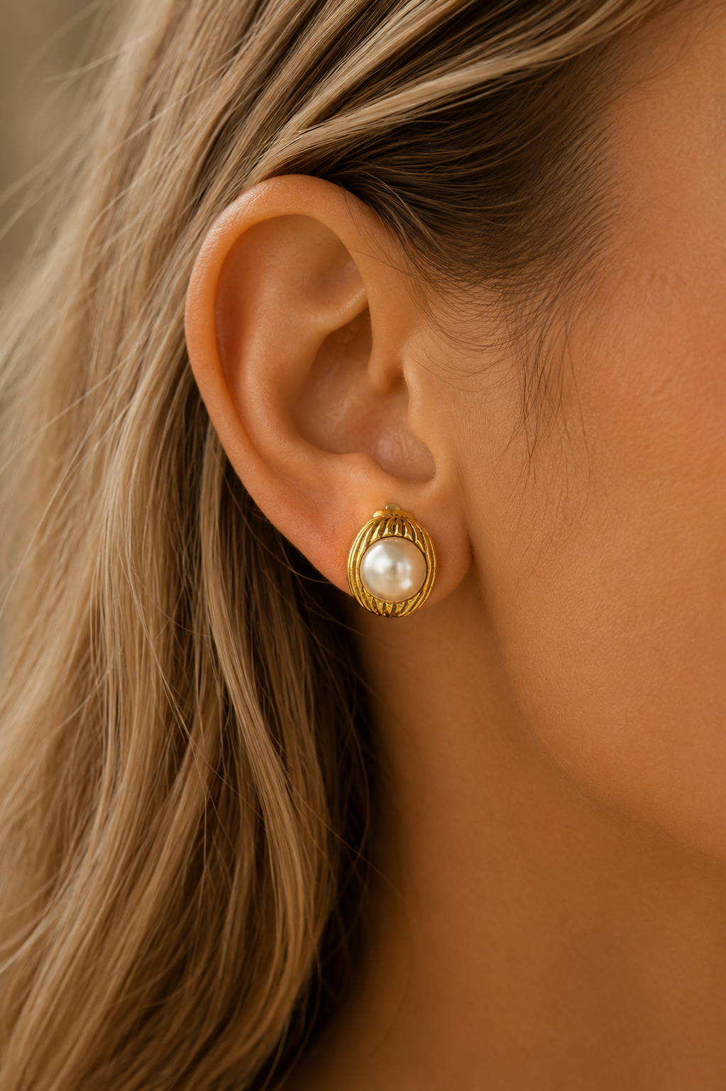 Chanel Vintage Pearl Hoop Gold Earrings 90s Era