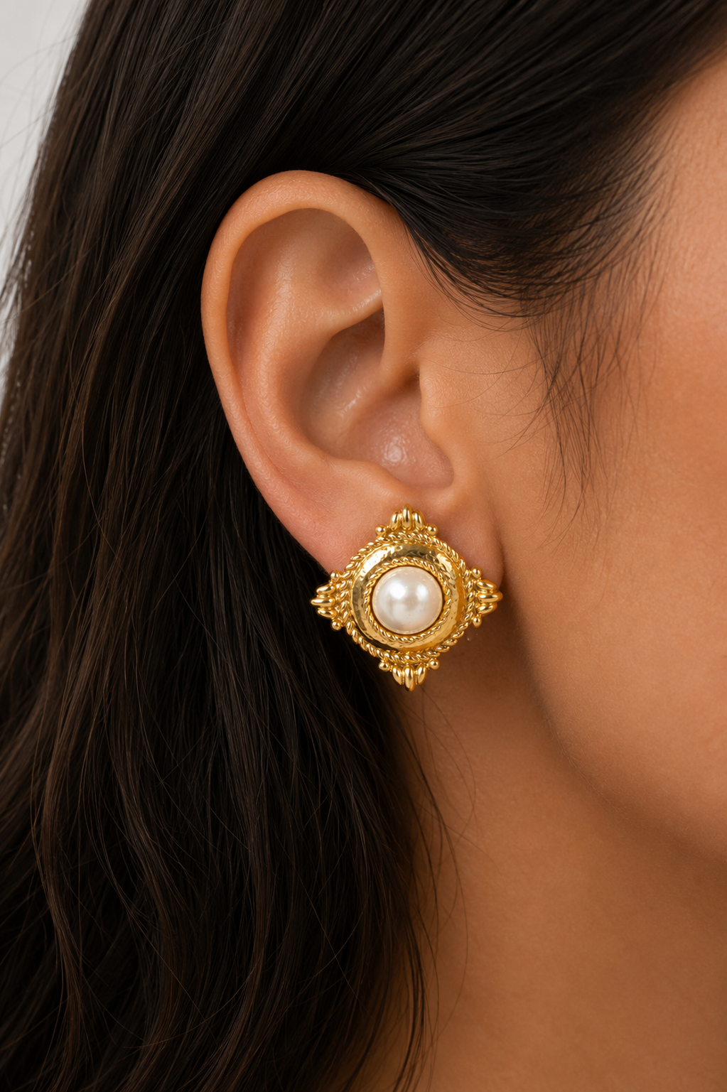 Saint Laurent Vintage Ornate Pearl Frame Gold Earrings 80s–90s Era