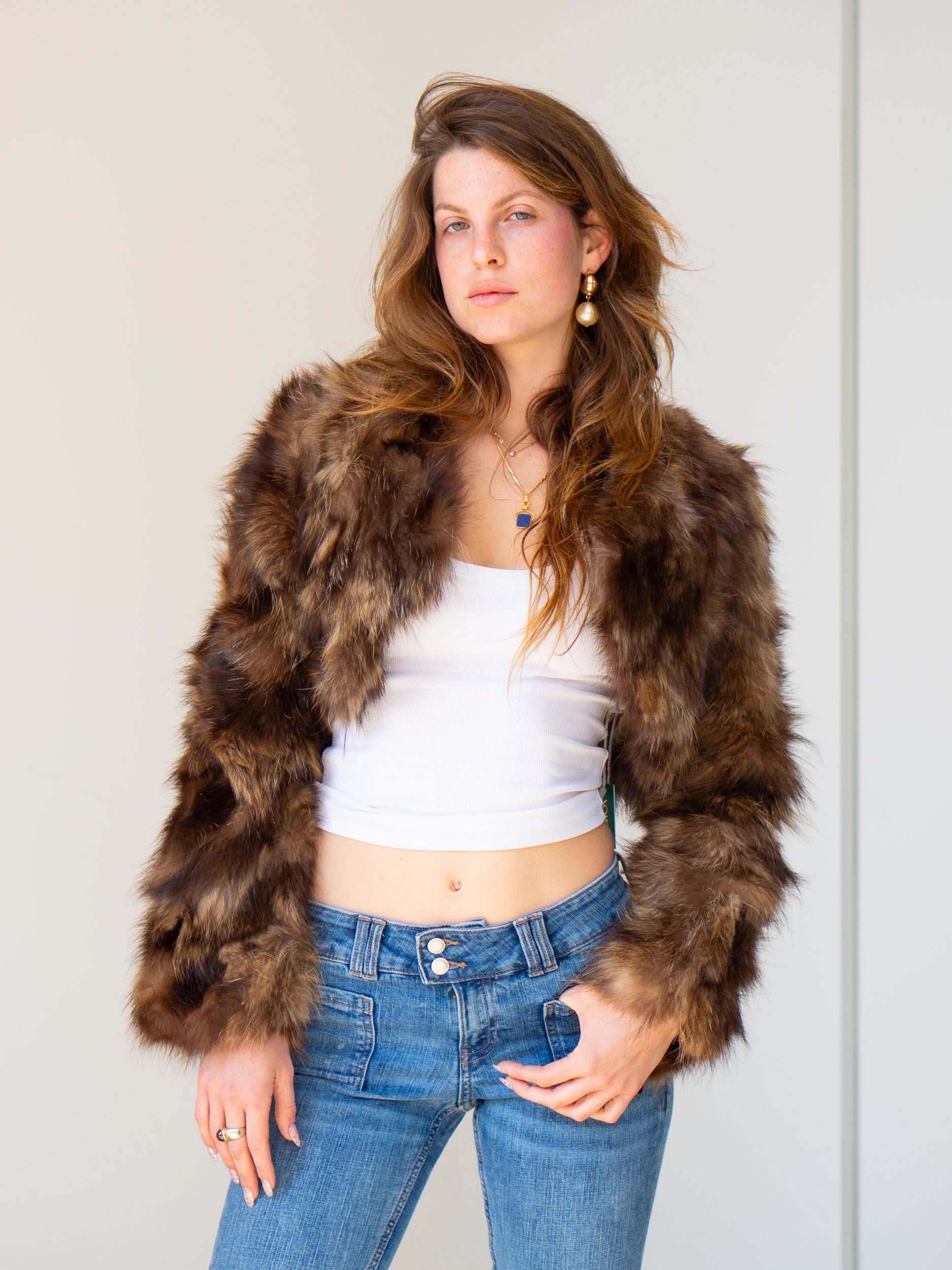 Vintage Fur Jacket Cropped Brown Multi