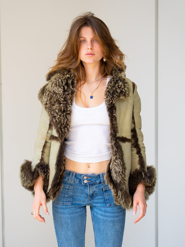 Vintage Fur Coat Hooded Reversible Brown Beige