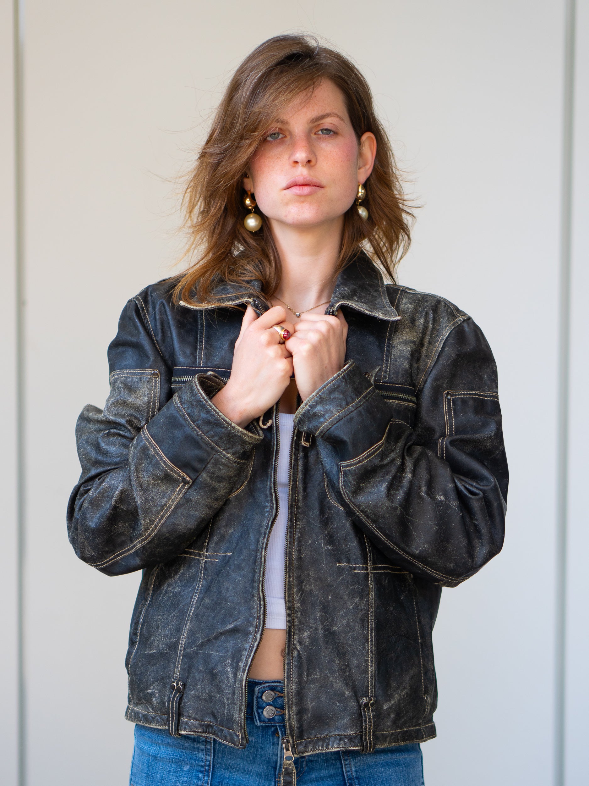 Vintage Leather Jacket Dark Wash Oversized