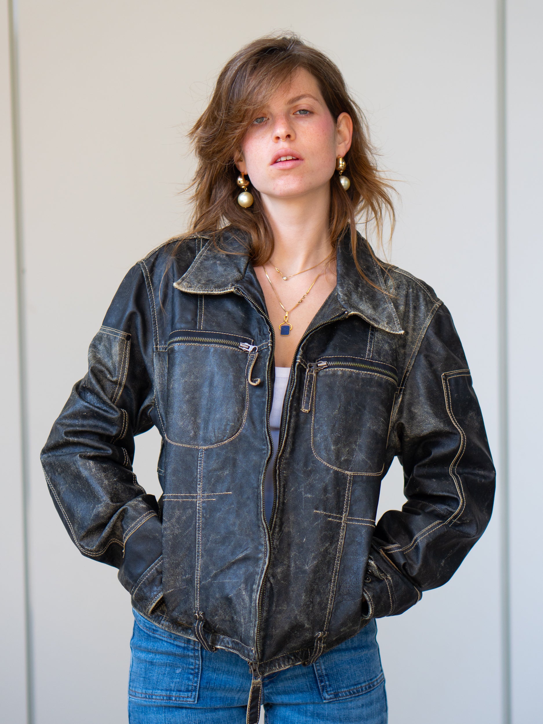 Vintage Leather Jacket Dark Wash Oversized