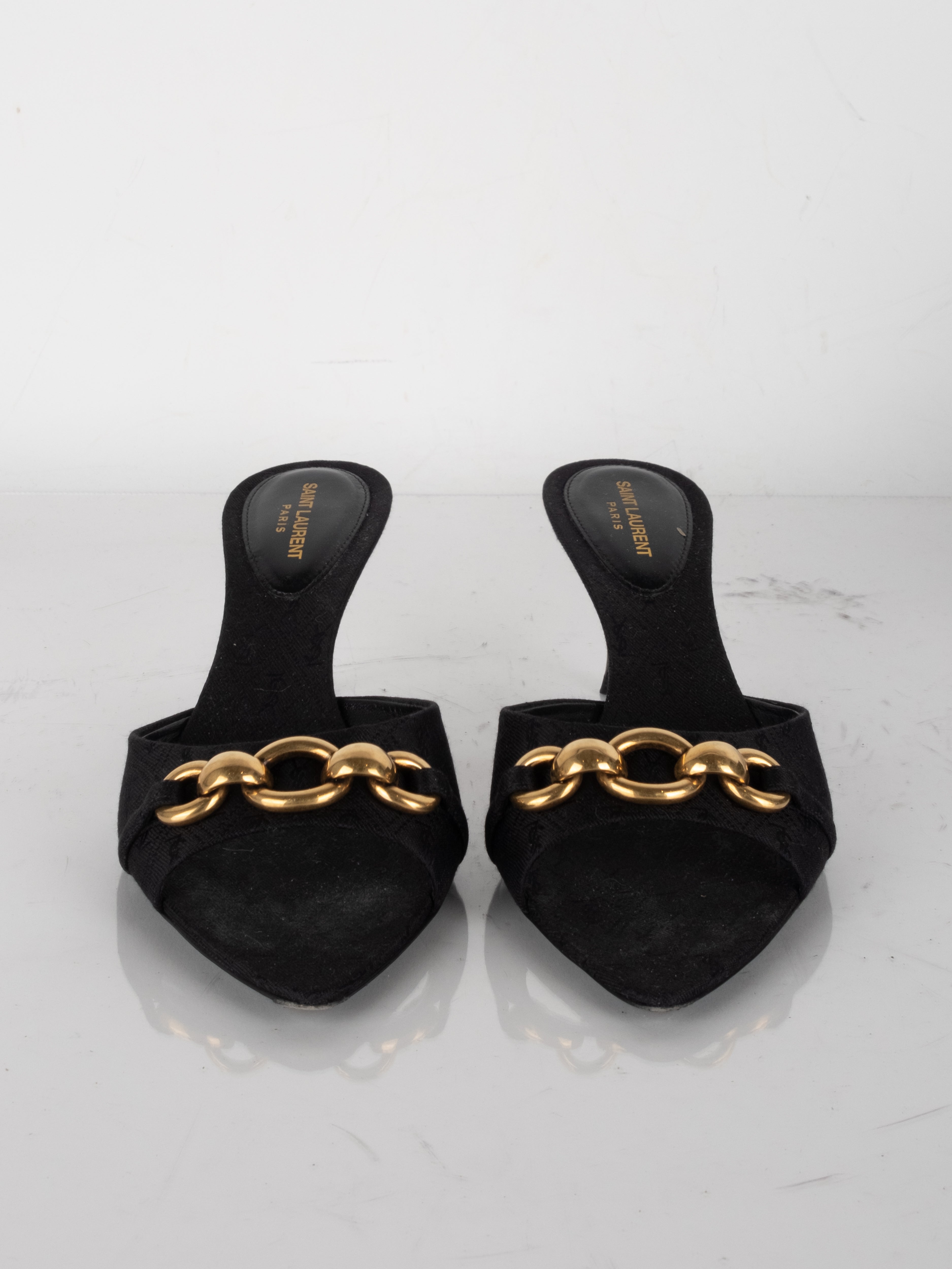 Saint Laurent Black Suede Mules with Gold Chain