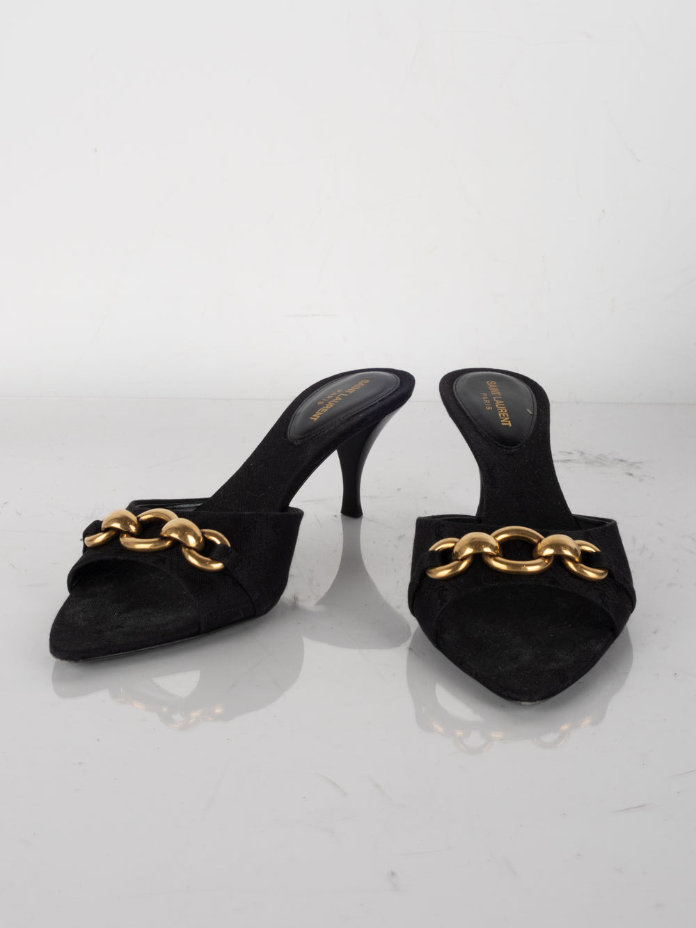 Saint Laurent Black Suede Mules with Gold Chain