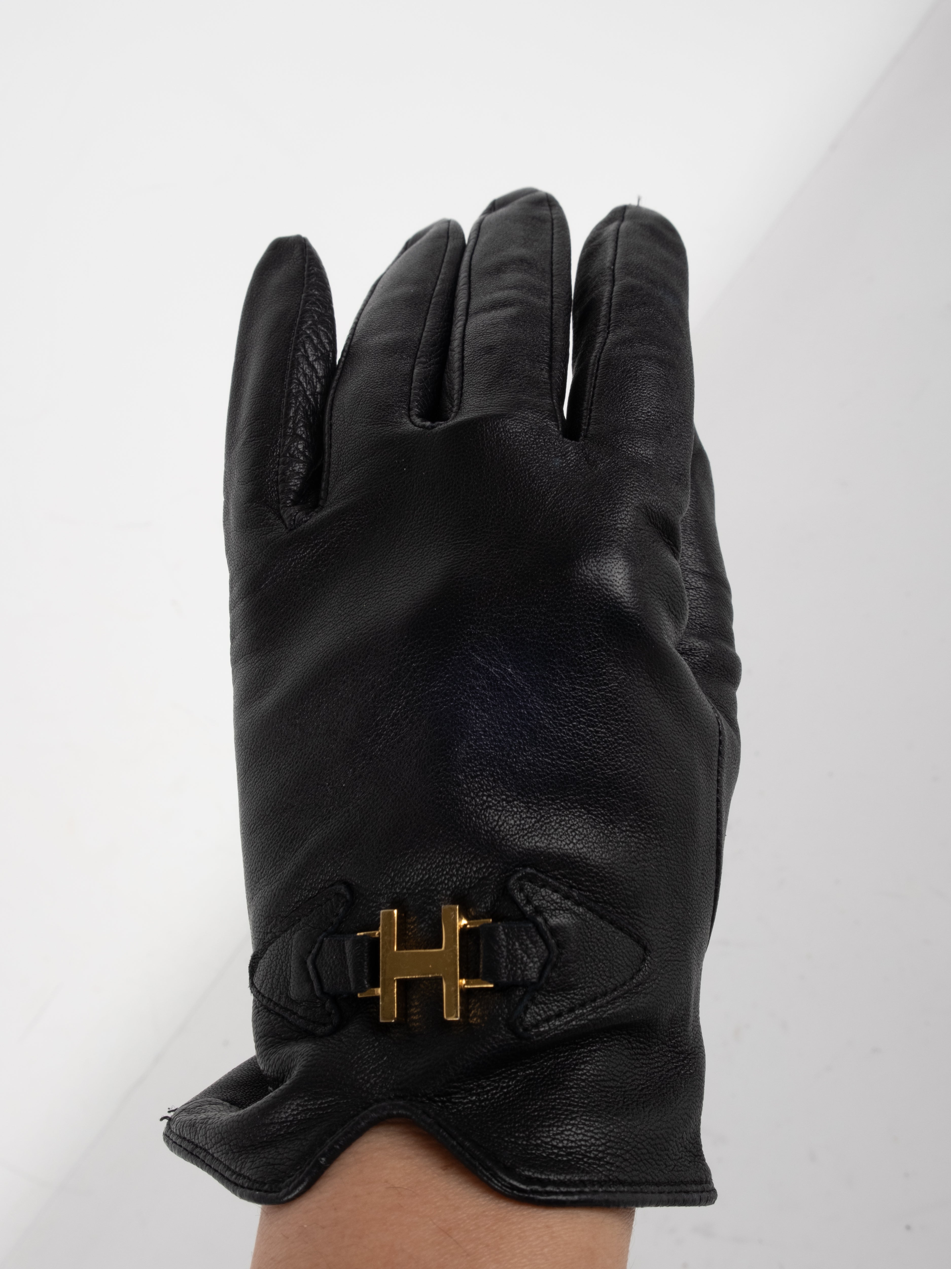 Vintage Black Leather & Knit Gloves