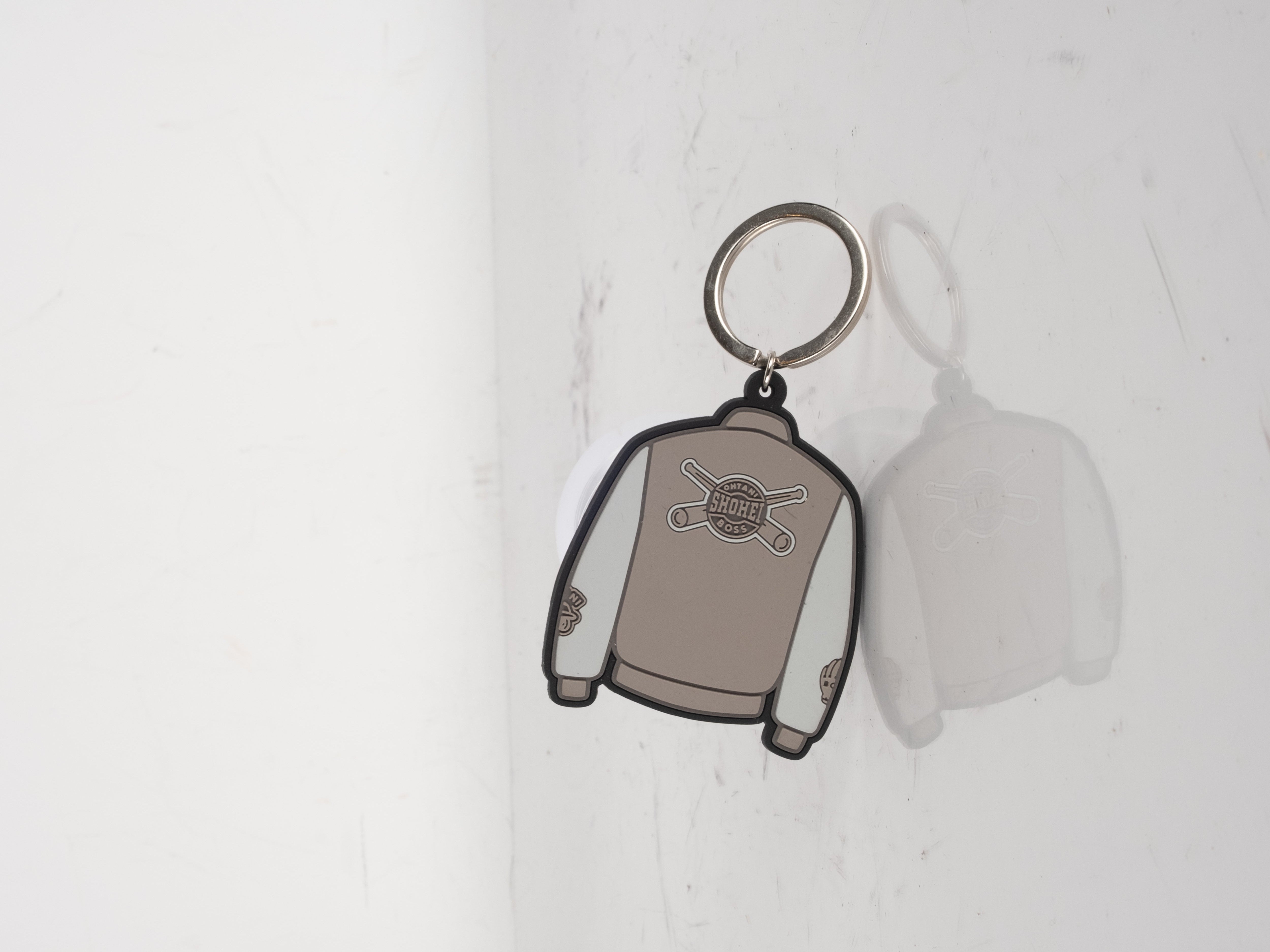 BOSS Baseball Jacket Keychain – Beige & Grey
