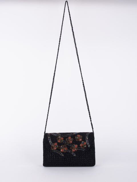 Vintage Black Floral Embroidered Shoulder Bag