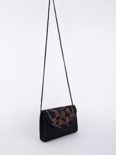 Vintage Black Floral Embroidered Shoulder Bag