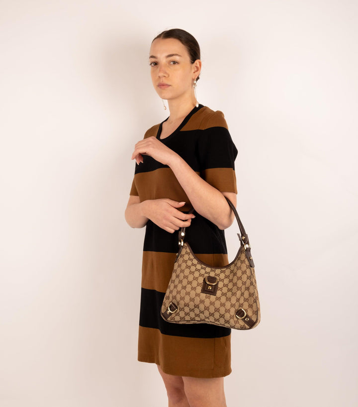 Canvas Abbey D-Ring Hobo Shoulder Bag Mini Brown Leather - Volver