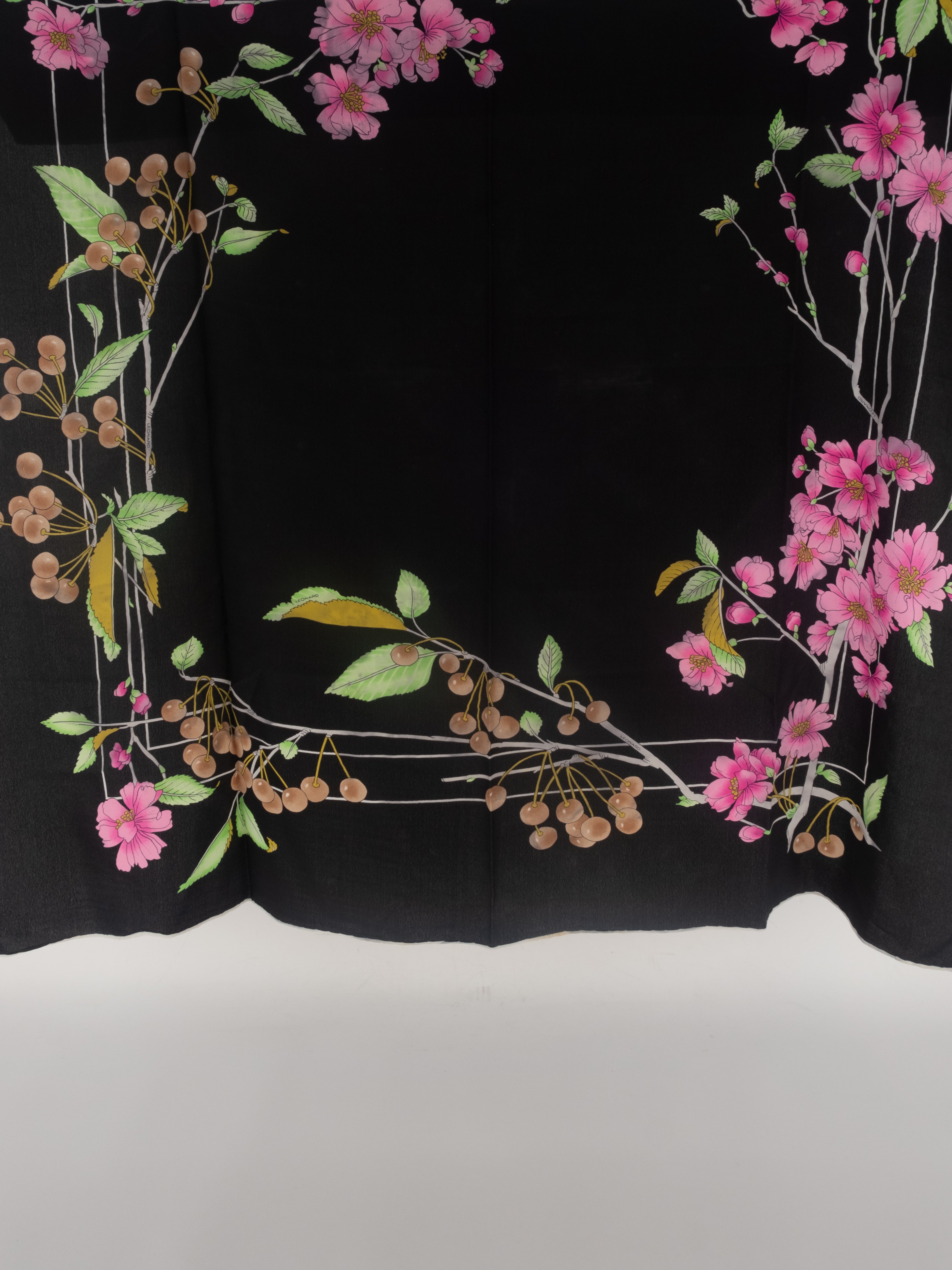 Leonard Paris Floral Silk Scarf – Black with Pink Blossoms