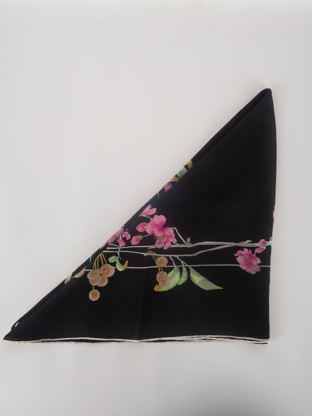 Leonard Paris Floral Silk Scarf – Black with Pink Blossoms