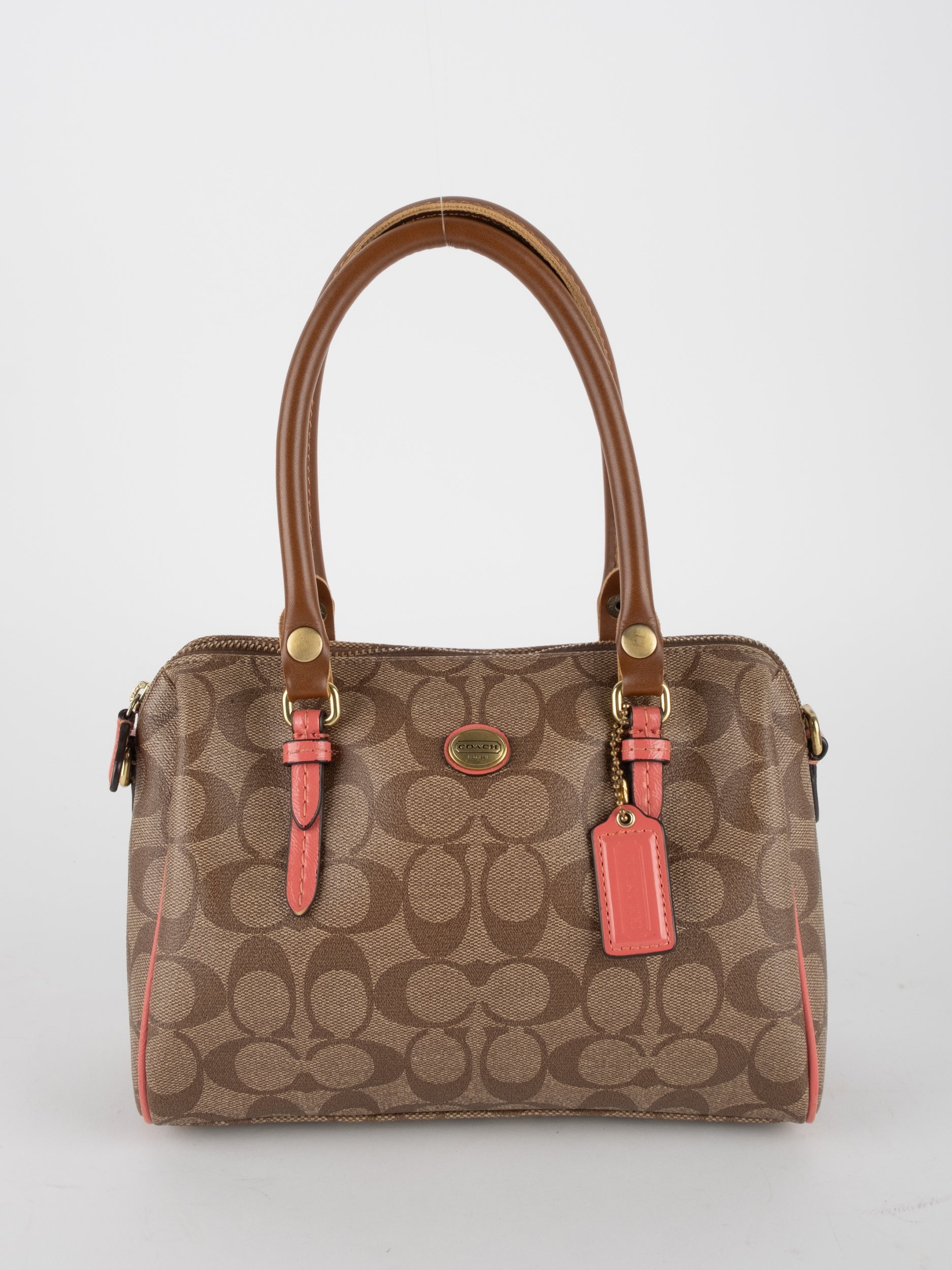 COACH Signature Satchel Brown with Coral Details