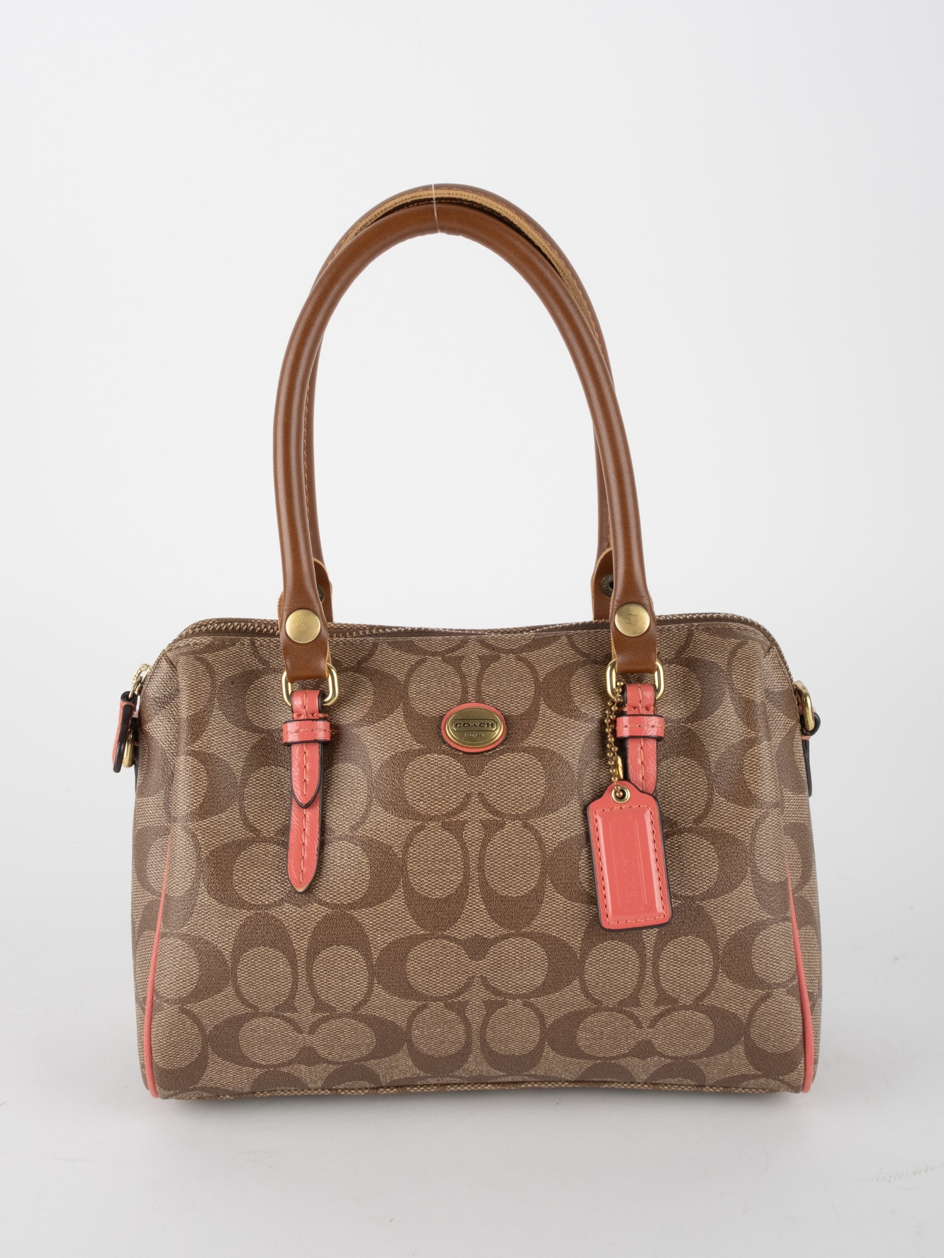COACH Signature Satchel Brown with Coral Details