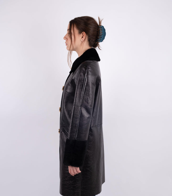 Black Leather Fur Coat - Volver