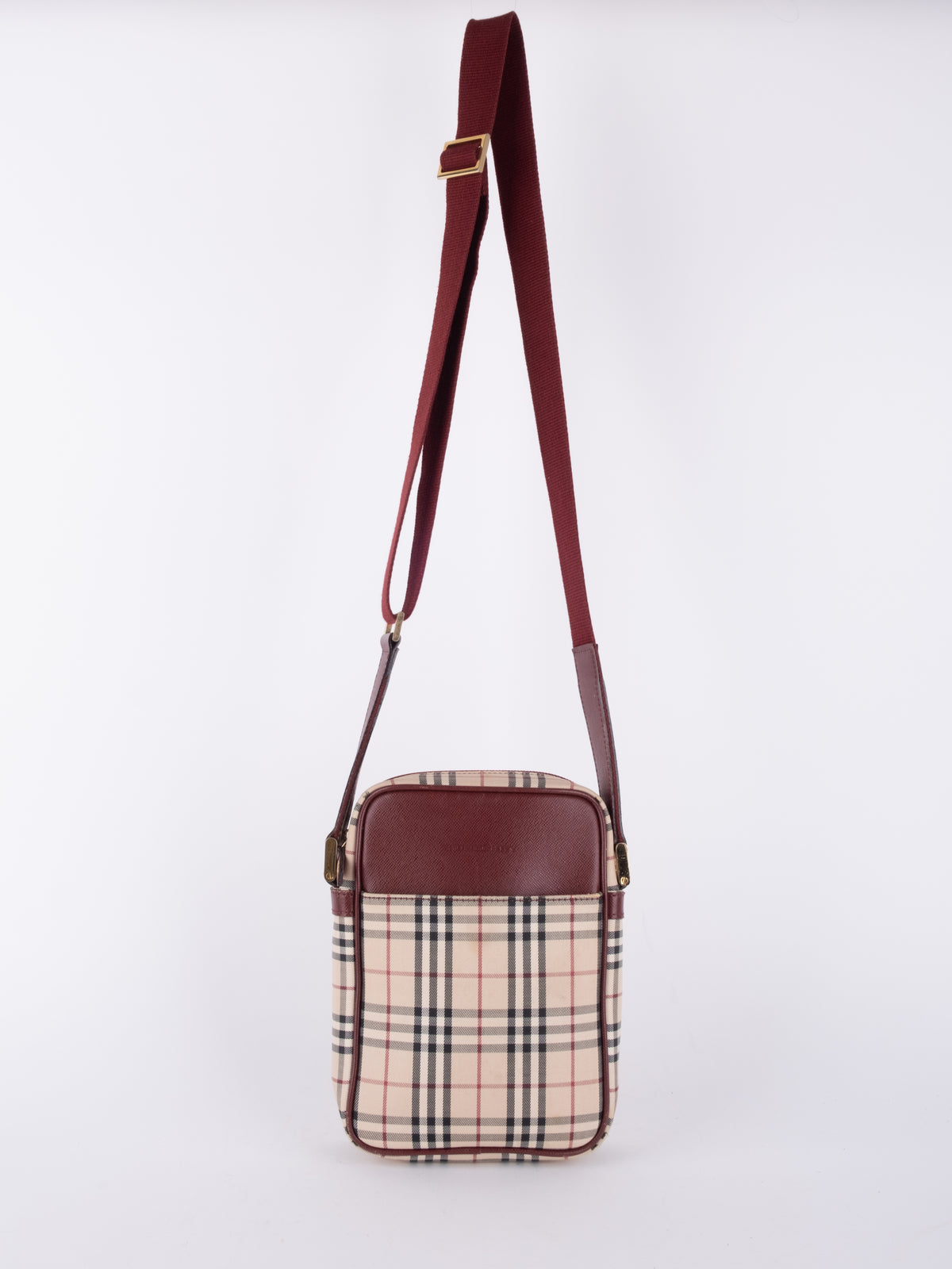 Burberry Vintage Nova Check Burgundy Leather Crossbody Bag