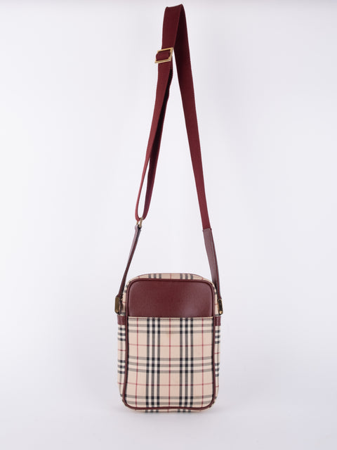 Burberry Vintage Nova Check Burgundy Leather Crossbody Bag