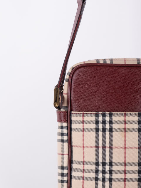 Burberry Vintage Nova Check Burgundy Leather Crossbody Bag