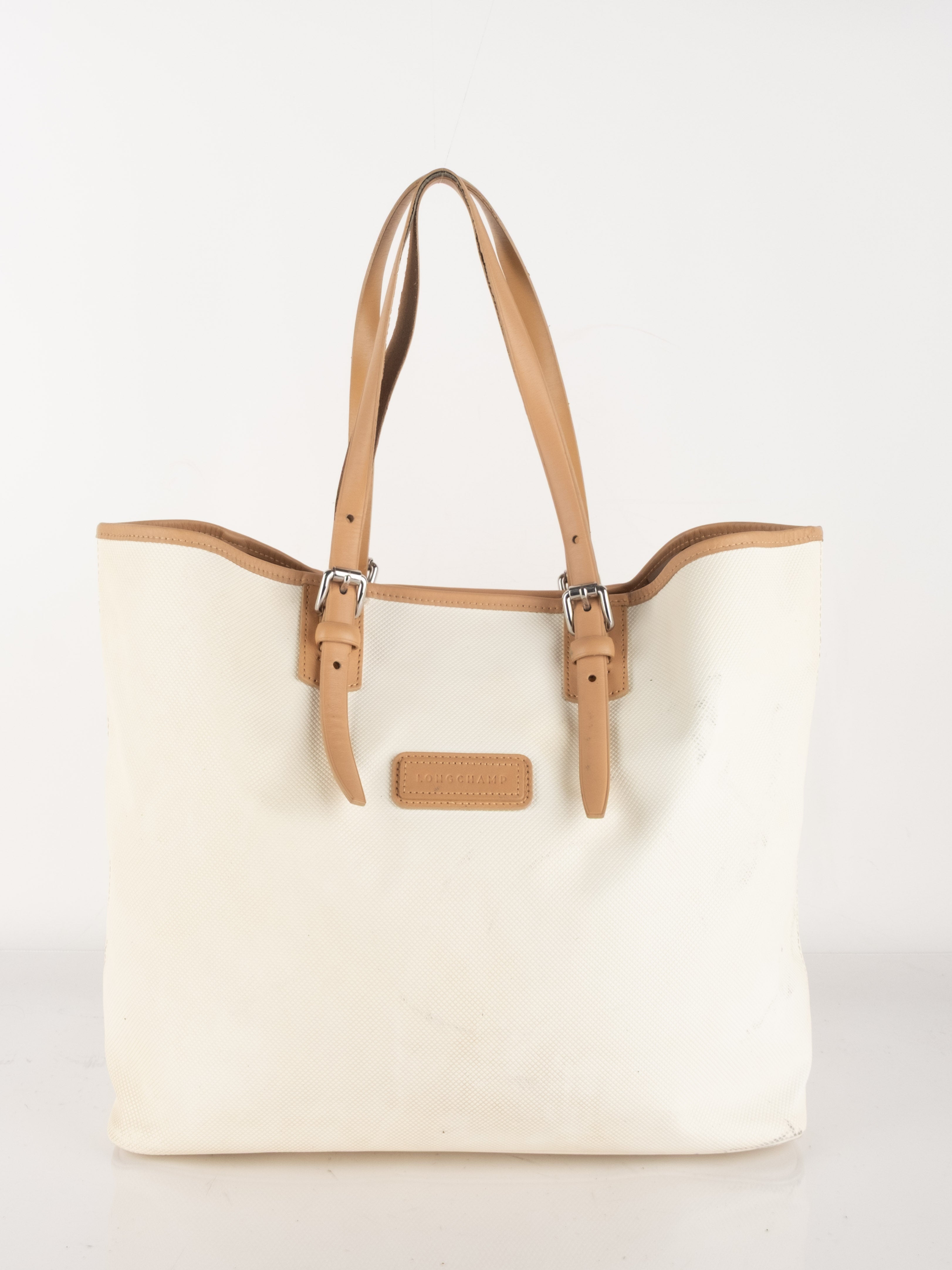 Longchamp White Canvas & Leather Tote