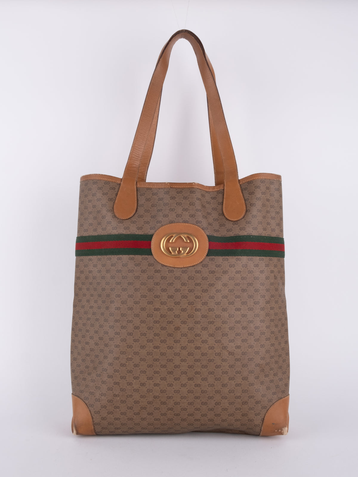 Gucci Vintage GG Monogram Web Stripe Brown Tote Bag