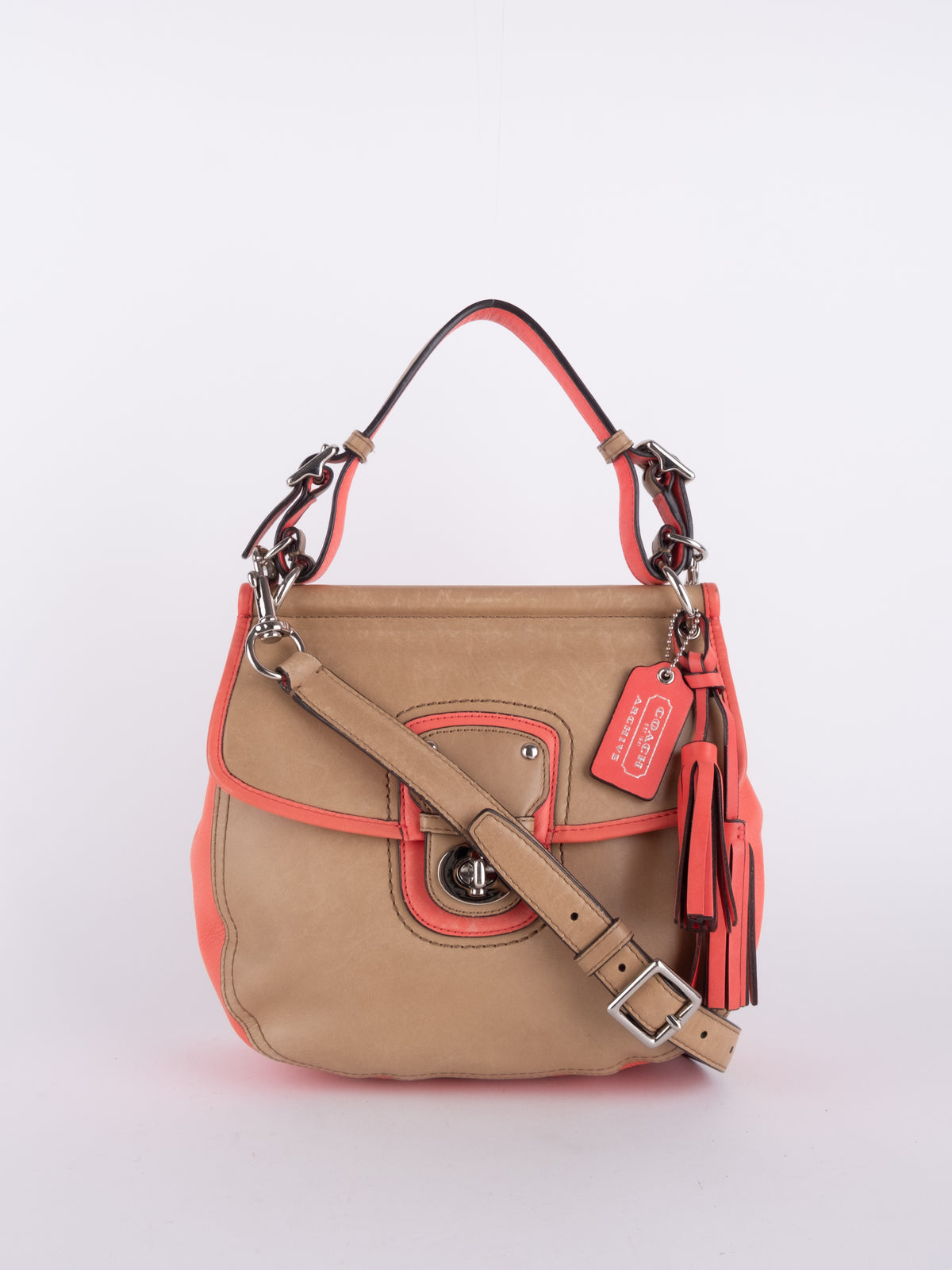 Coach Vintage Beige & Coral Signature Shoulder Bag
