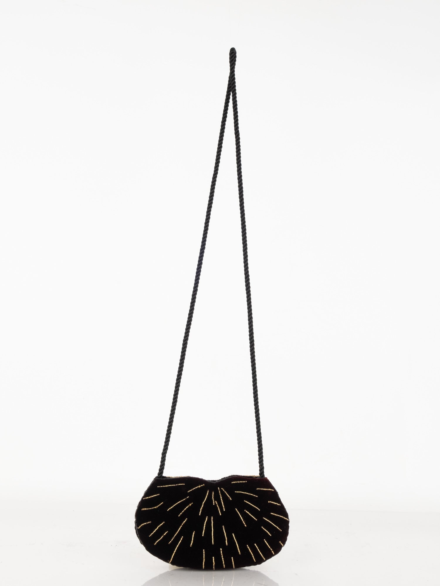 Vintage Black Round Velvet Bag with Gold Beading