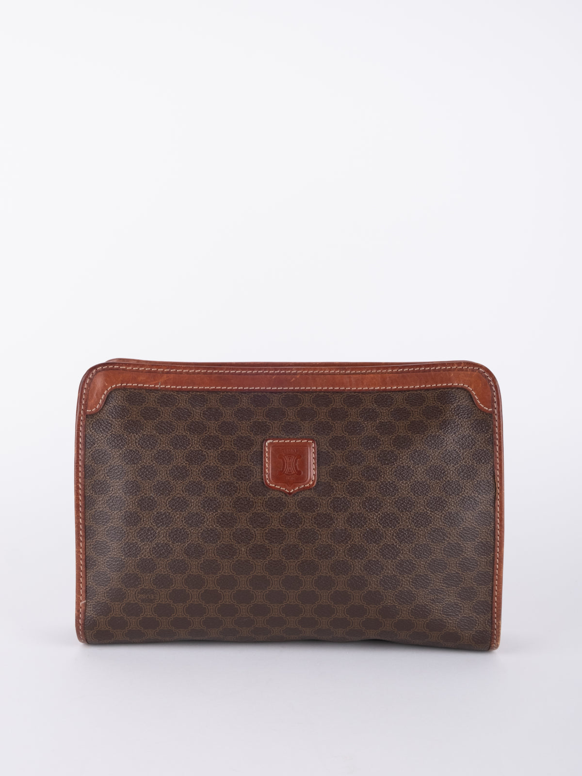 Celine Vintage Macadam Brown Leather Trim Clutch