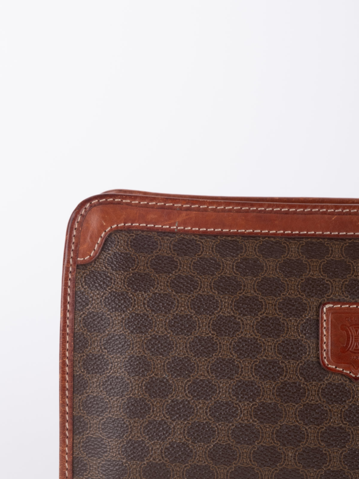 Celine Vintage Macadam Brown Leather Trim Clutch