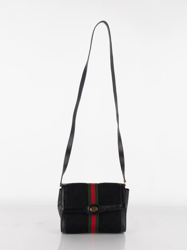 Gucci Black Monogram Crossbody with Green-Red Stripe