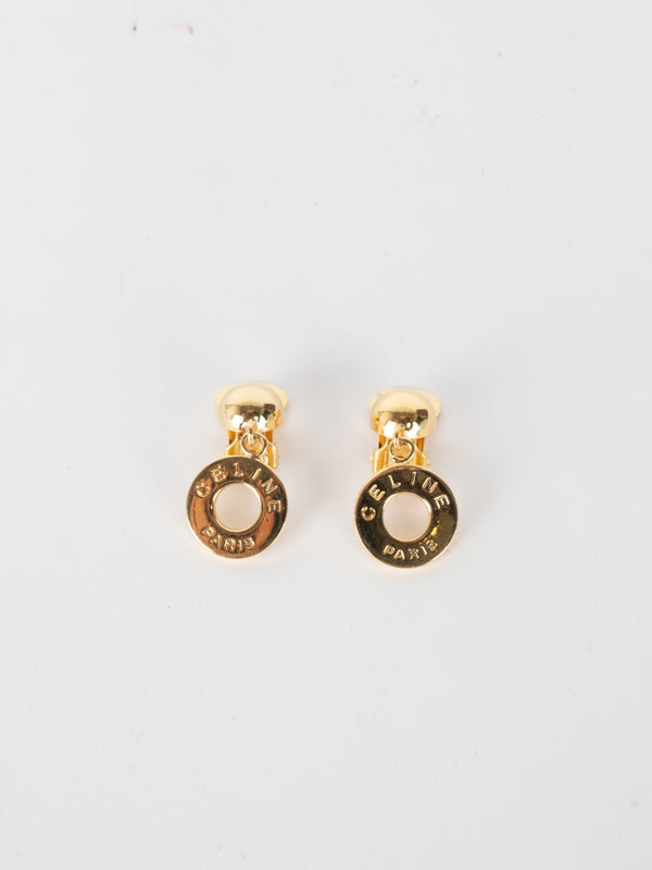 CELINE Gold Logo Drop Earrings