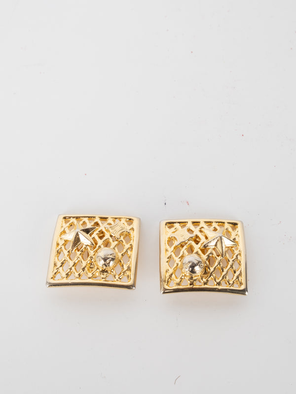 CELINE Gold Textured Square Earrings