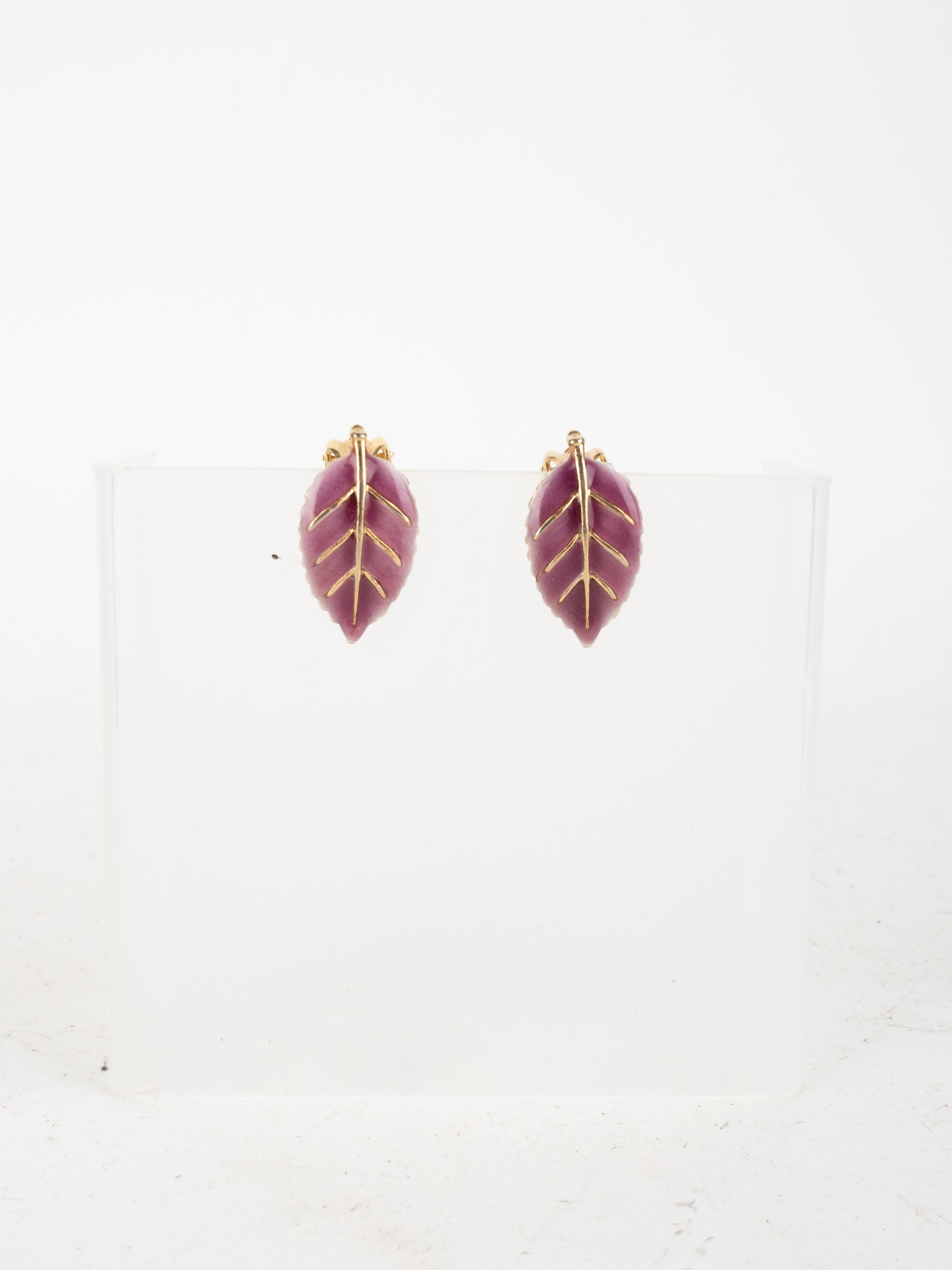 Vintage Gold Tone Leaf Earrings with Red Detail
