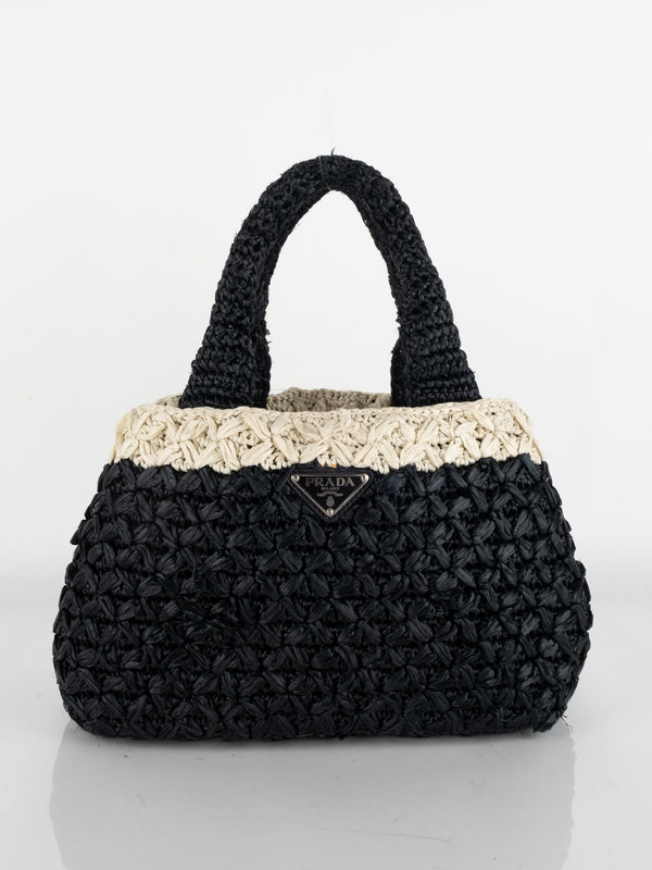 Prada Raffia Handbag – Black & Cream