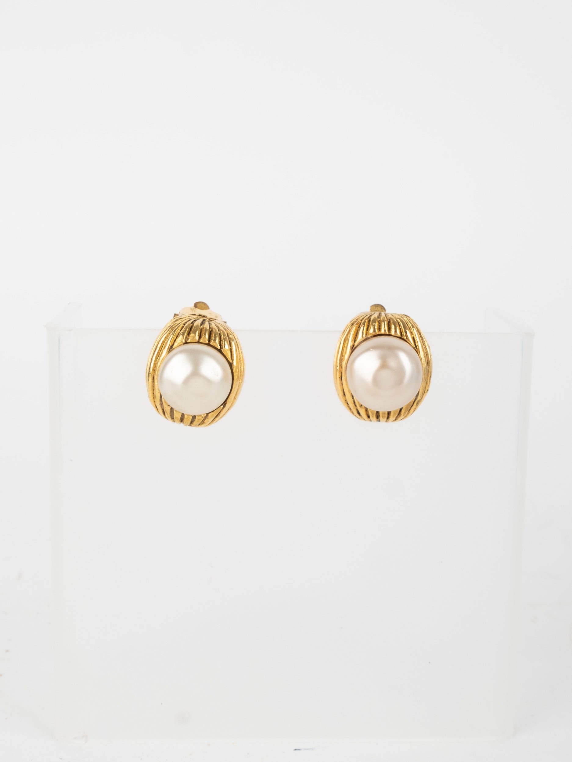 Chanel Vintage Pearl Hoop Gold Earrings 90s Era