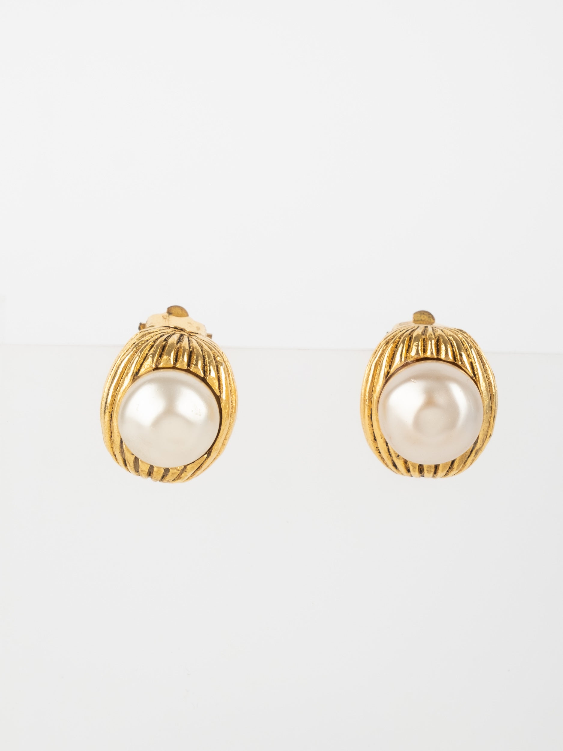 Chanel Vintage Pearl Hoop Gold Earrings 90s Era