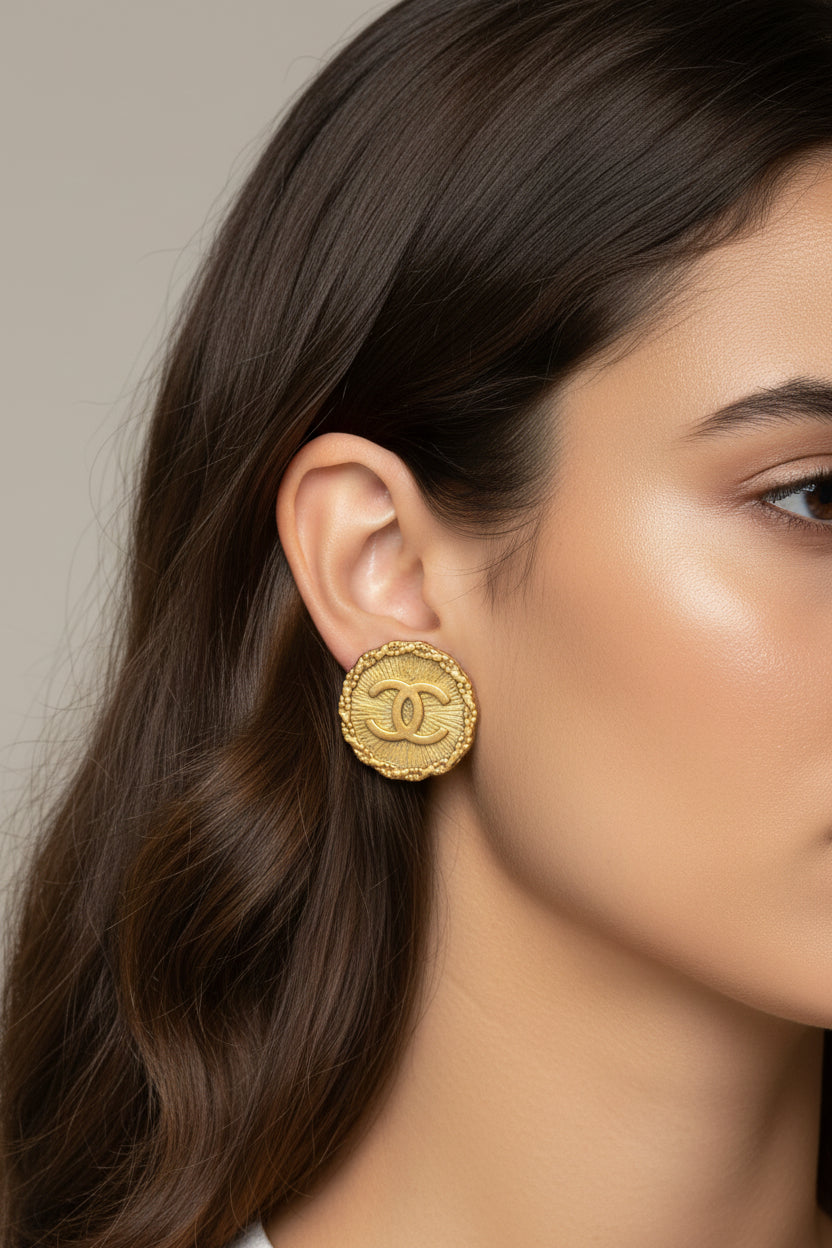 Chanel Vintage CC Medallion Gold Clip-On Earrings 90s Era קארל לגרפלד