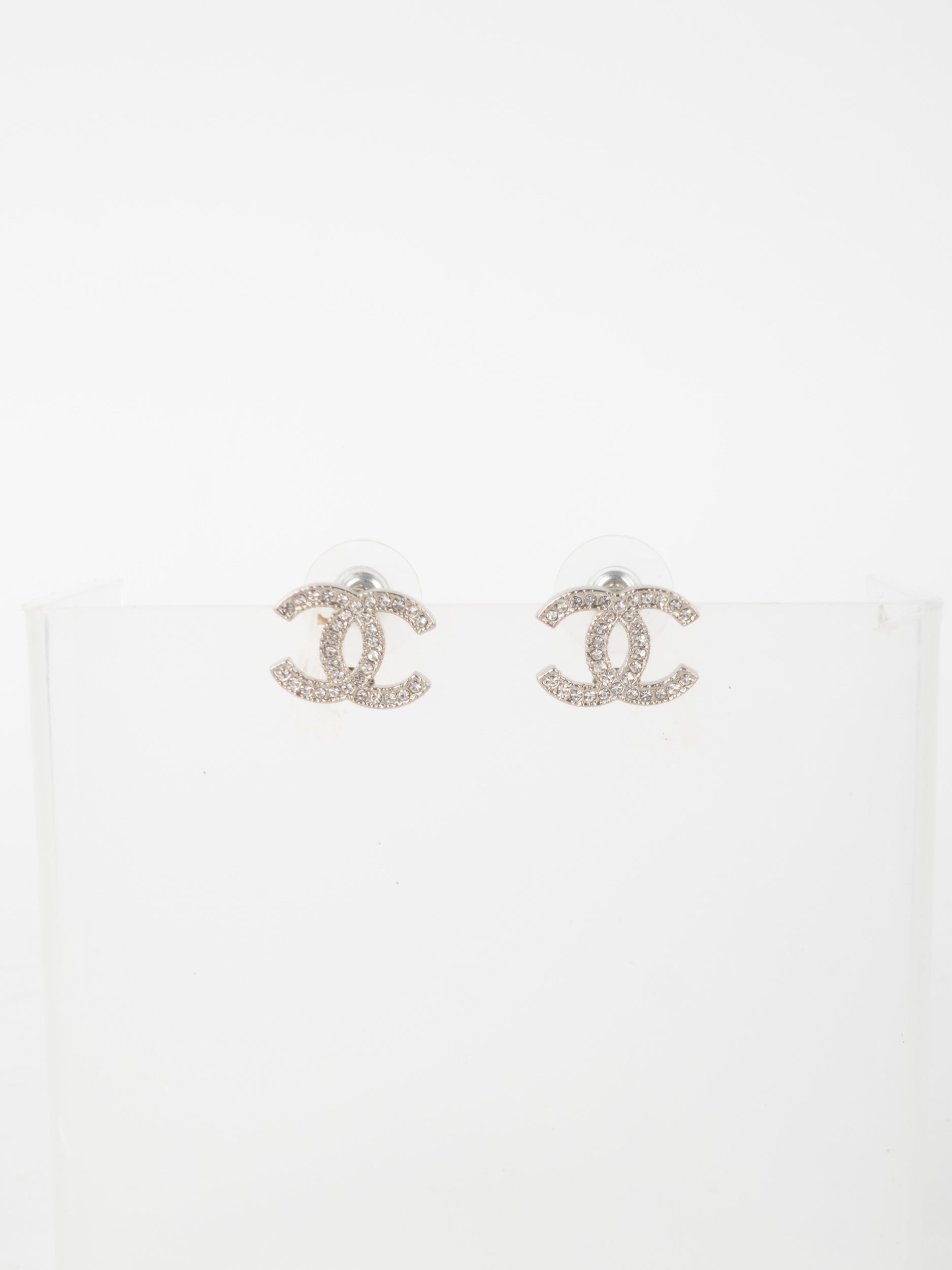 CHANEL Vintage CC Crystal Stud Earrings Silver