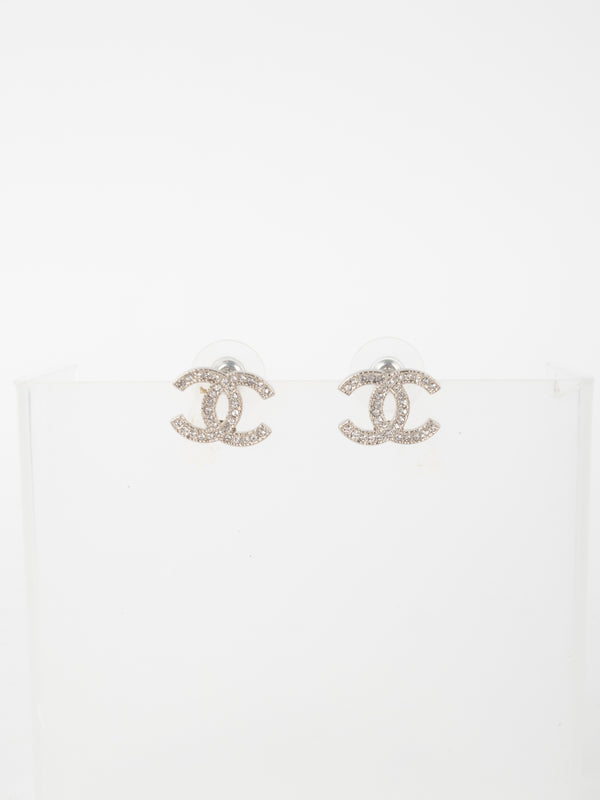 CHANEL Vintage CC Crystal Stud Earrings Silver