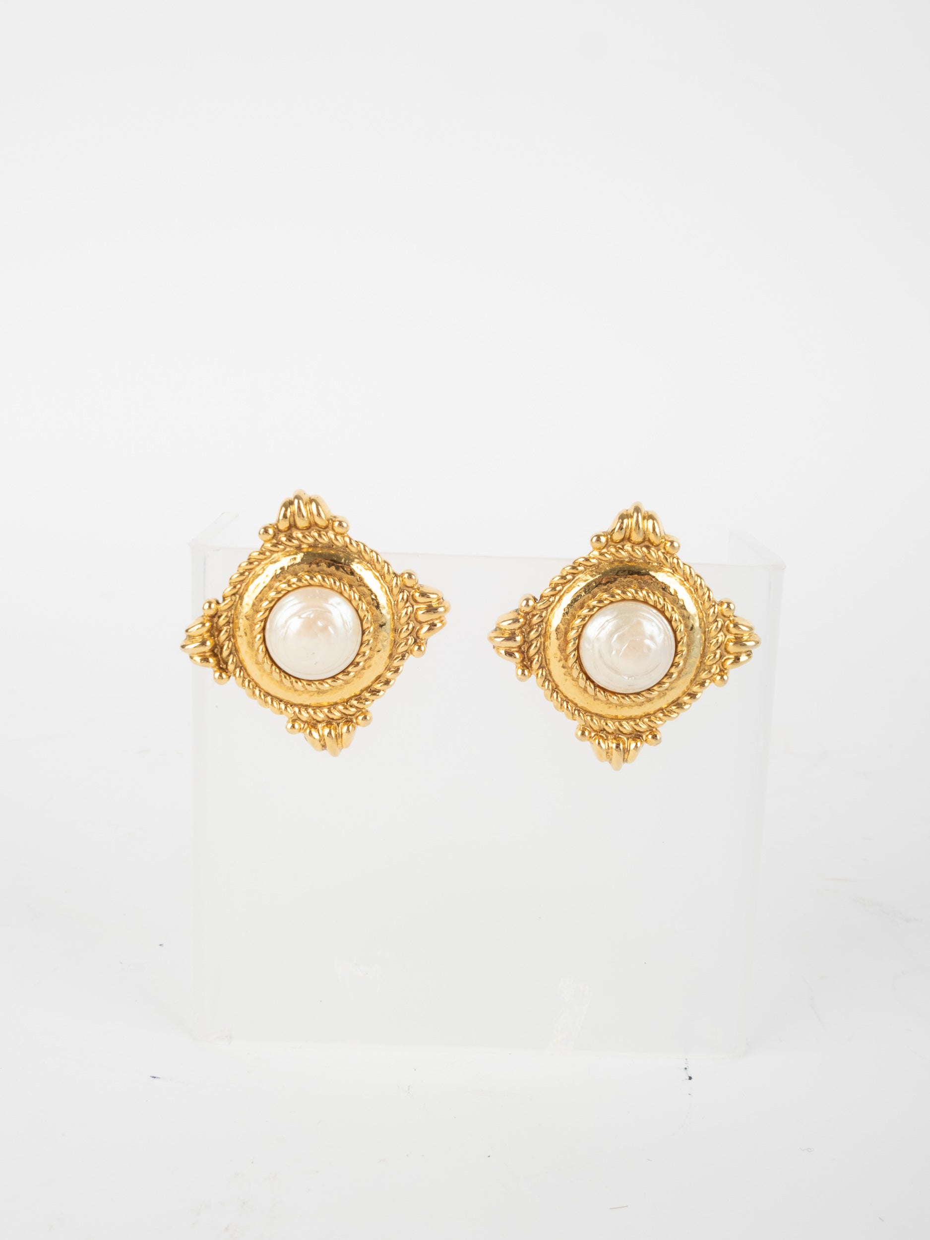 Saint Laurent Vintage Ornate Pearl Frame Gold Earrings 80s–90s Era