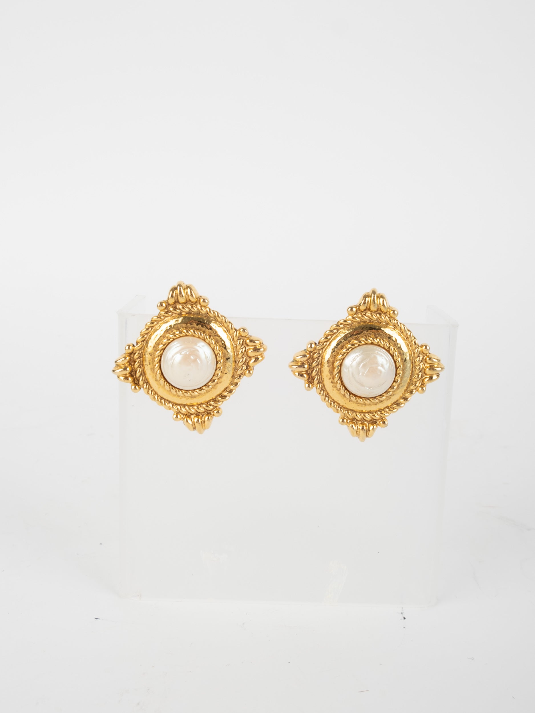 Saint Laurent Vintage Ornate Pearl Frame Gold Earrings 80s–90s Era
