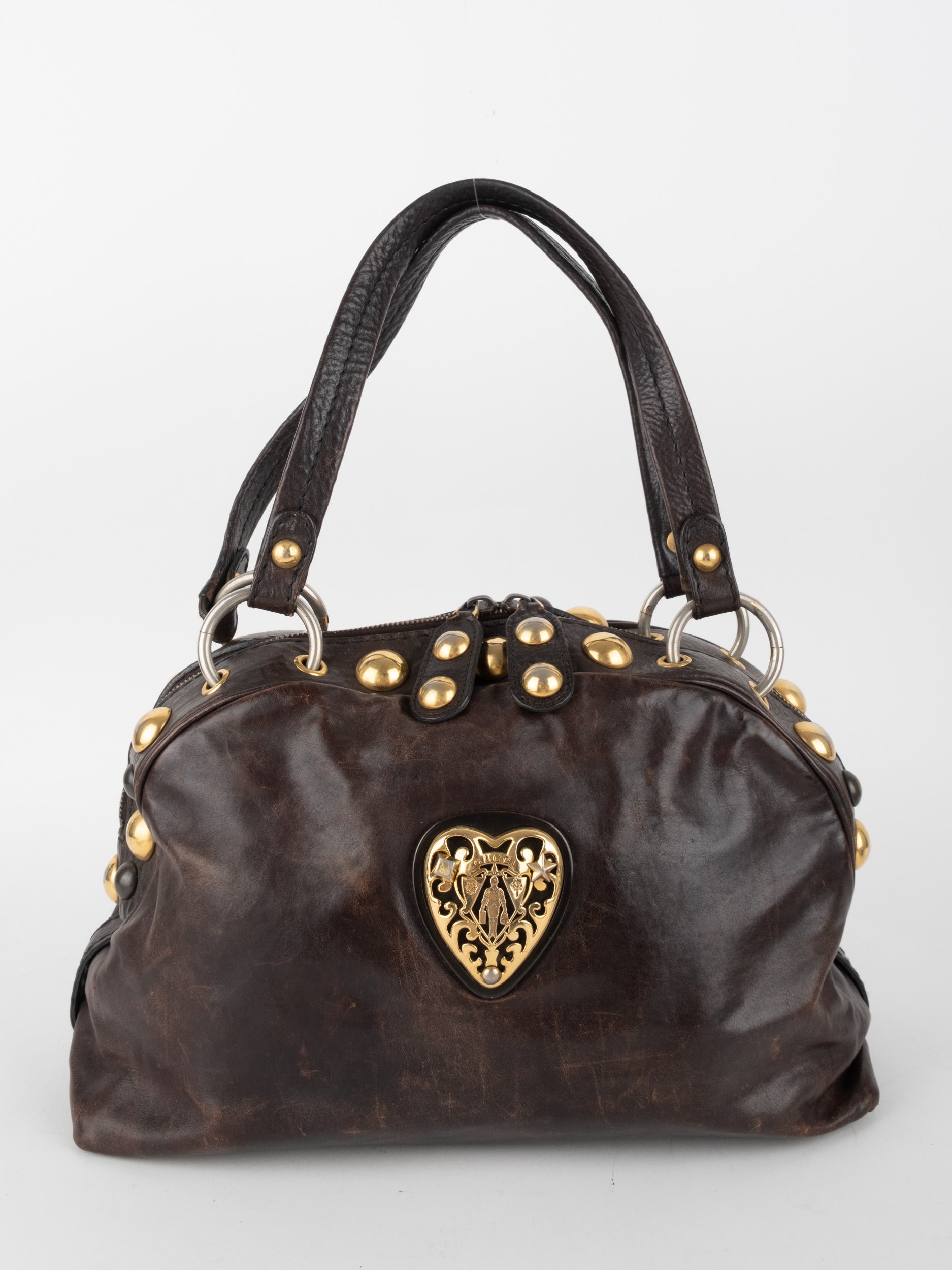 GUCCI Vintage Leather Studded Shoulder Bag Heart Detail