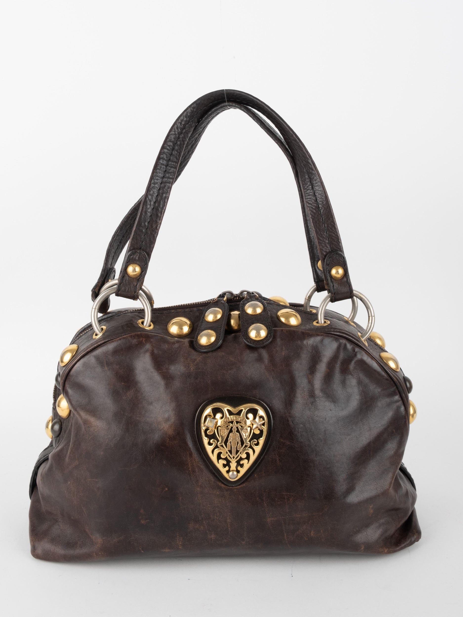GUCCI Vintage Leather Studded Shoulder Bag Heart Detail
