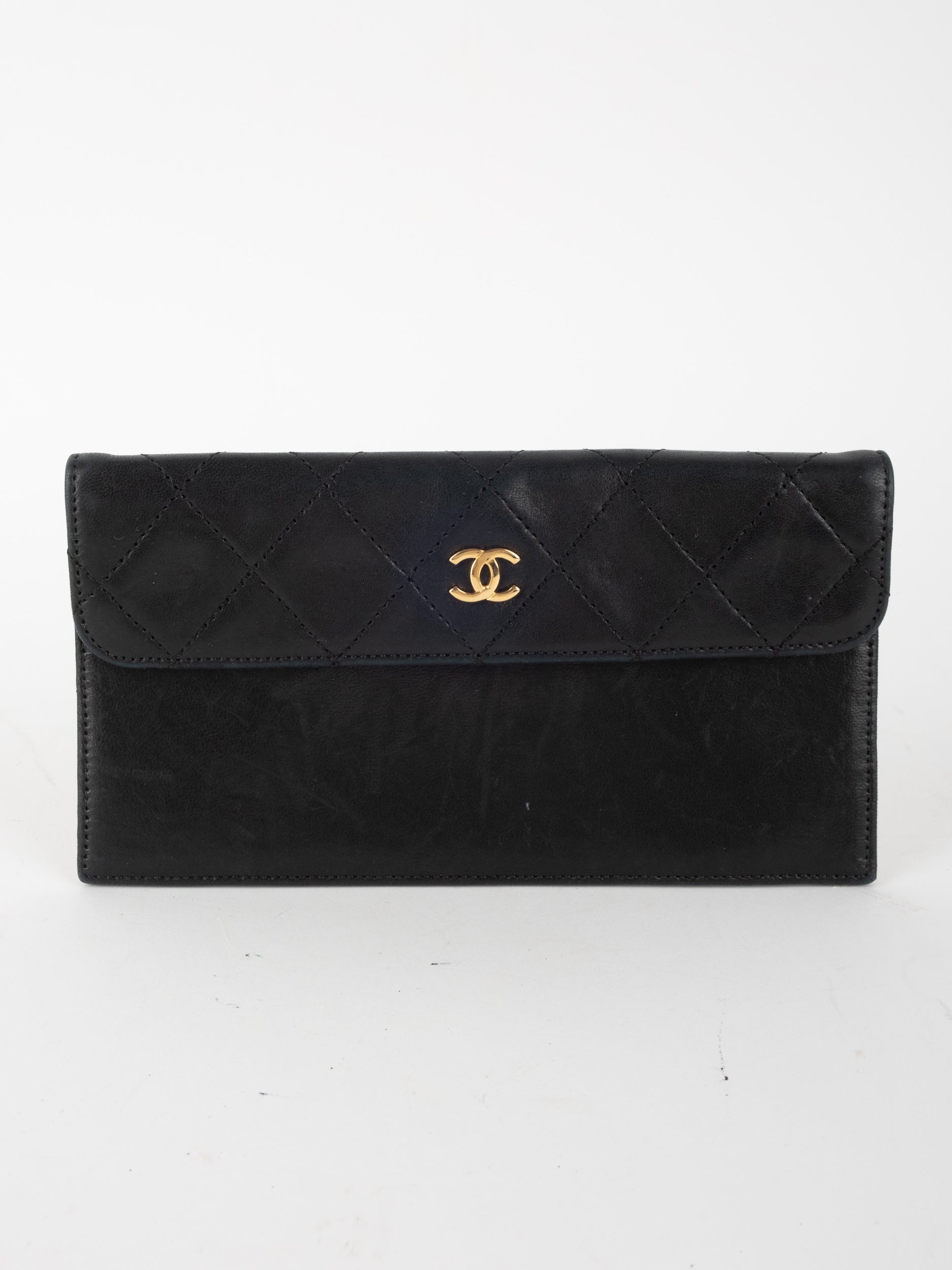 CHANEL Vintage Quilted Leather Wallet Flap CC Logo 90s Era